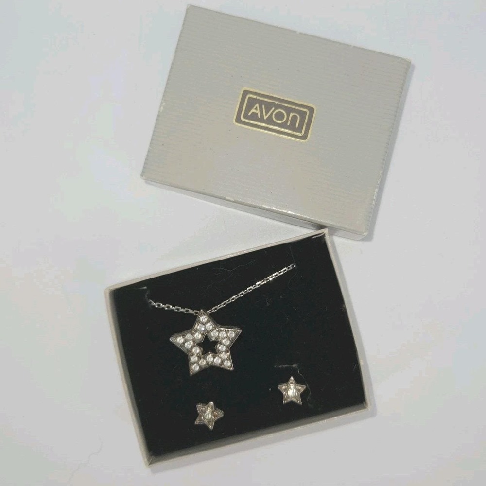 Avon Star Sparkle Necklace Earrings Set Rhinestone Silver Tone Gift Box Vintage
